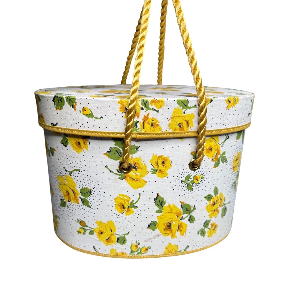 Vintage Yellow Floral Rose Polka Dot Oval Hat Box with Removable Interior Tray